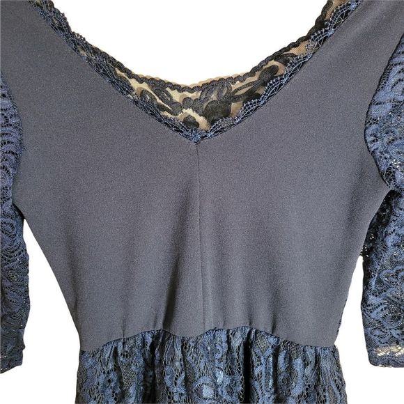 Navy Blue Dress with Elastic Waist 3/4 Sleeves and Lace Overlay - Picture 12 of 16